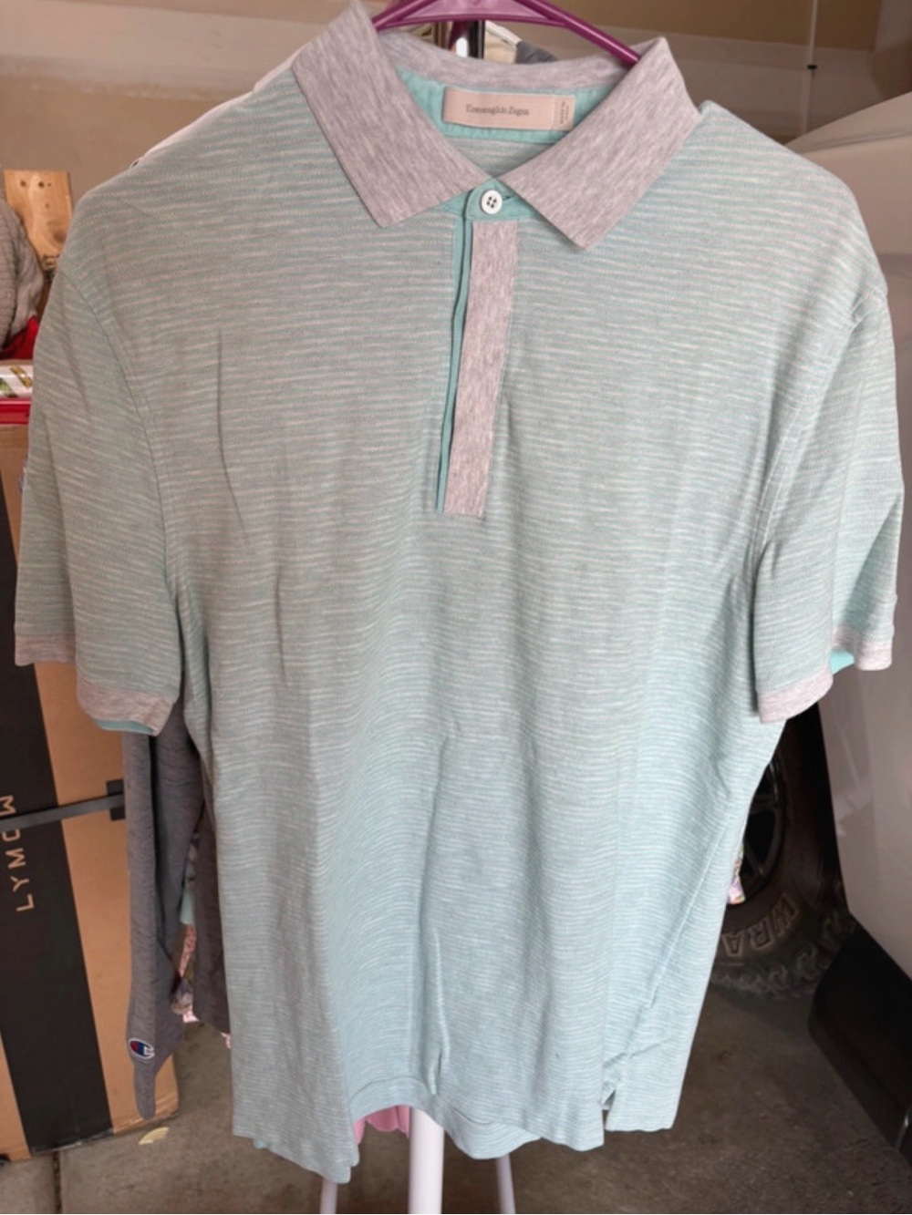 Zegna Blue White Striped Knit Polo L $395